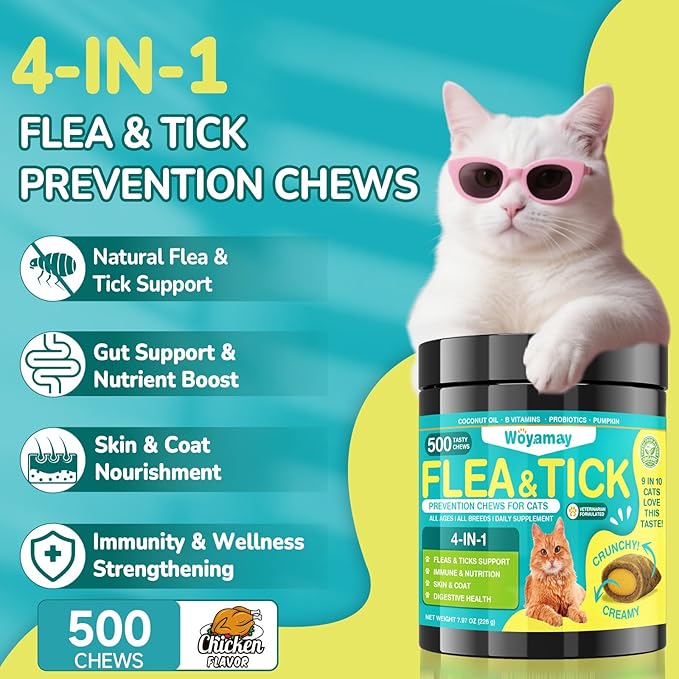Woyamay Cat & Dog Flea and Tick Prevention Bundle, 500 Crunchy Dual-Texture Chews Each, Natural 4-in-1 Flea Defense with Skin, Coat, Gut & Immune Support, Oral Daily Flea Treatment for Cats & Dogs