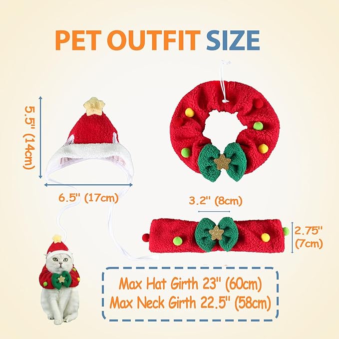 Cat Christmas Outfit 2pcs Set, Cat Santa Hat with Wreath Scarf, New Year Decoration Costume Suit for Small Dogs, Rabbits, Red