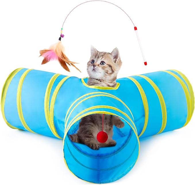 Tempcore Cat Tunnel for Indoor Cats, 3-Way Collapsible Play Tunnel with Teaser Wand, Peek Holes & Toy Ball, Small Pet Toy for Kittens & Rabbits, Blue & Yellow