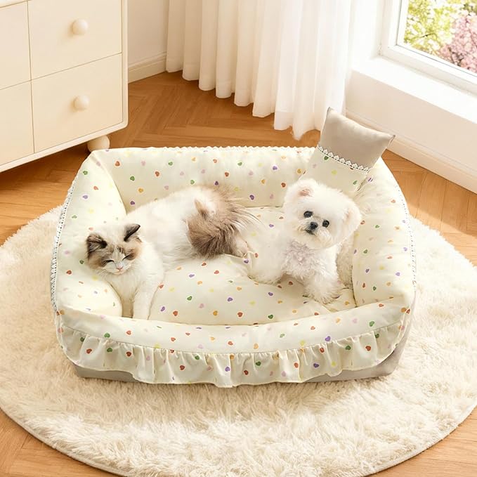 Jiupety Cat Bed for Indoor Cats Removable Washable Pet Beds with Slip-Resistant Bottom Ruffled Puppy and Kitten Beds with Pillow, Beige 21"x15"