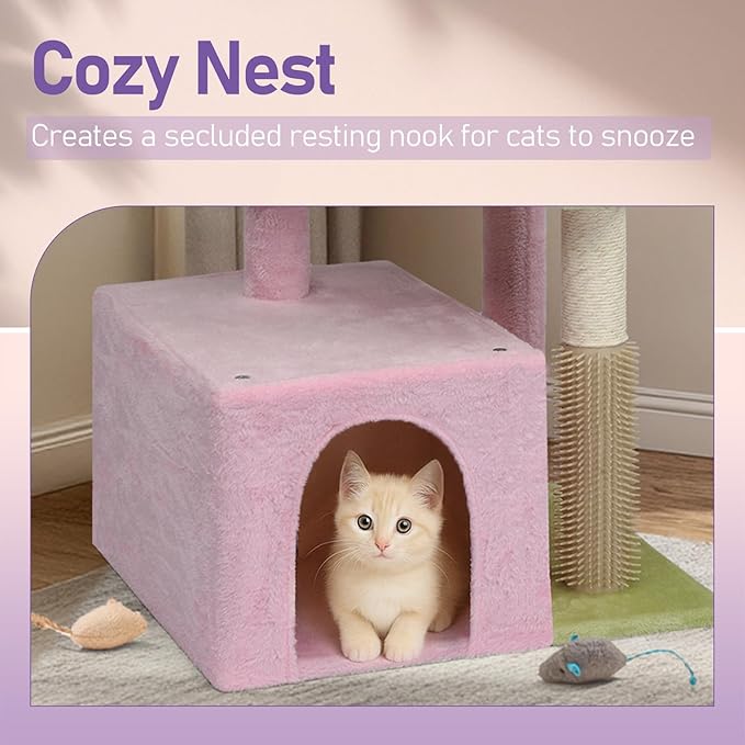 Cat Tree, Carpet Cat Tower for Indoors Cats, Cute Wood Kitty Condo with Scratching Post and Pad, Multi-Level Modern Activity Climbing Furniture for Small and Medium Cats (Pink)