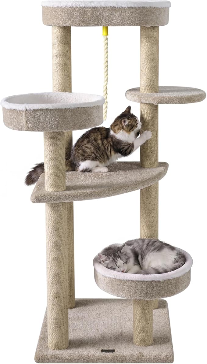 PETSITE 51-inch Modern Cat Tree, Multi-Level Cat Tower with Scratching Posts, 3 Comfy Cat Beds, and Interactive Sisal Rope, Ideal for Indoor Cats and Kittens