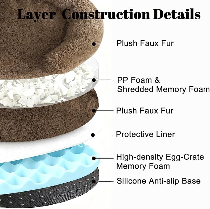Calming Dog & Cat Beds with Orthopedic Egg-Crate Foam Raised Rim, Soft Fluffy Faux Fur Pet Sofa Couch Bed for Medium Dogs, Anxiety Relief Spine Support, Machine Washable (Round, Coffee 28")
