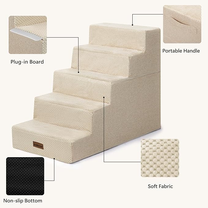 Aodisman Pet Stairs for High Bed, 5-Step Dog Stairs for Small Dogs, Indoor Non-Slip Dog Steps for Old Cats, Puppy, Small Medium Dogs,22.6" H,Beige