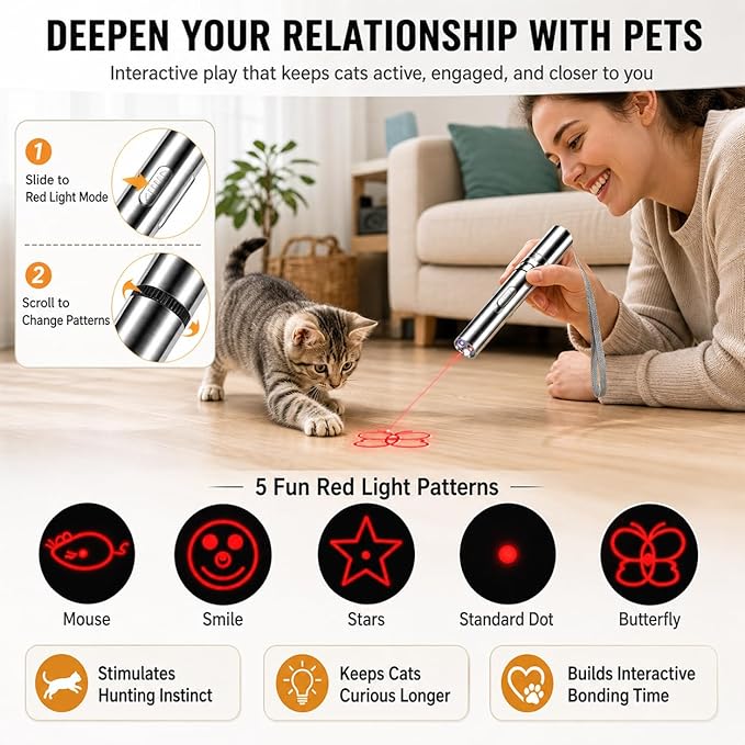 2 Pack Cat Toys, Interactive Light Toy with 3 Light Modes & 5 Patterns, USB Rechargeable Pet Pointer for Cats Dogs Birds, 20-Min Fast Charge, Stainless Steel Teaser Toy with UV Detection & Flashlight