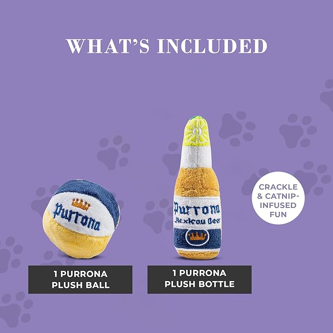 Haute Diggity Kitty Purrrona Beer Bottle & Ball Set, Plush Cat Toys Catnip Filled with Interactive Crackle Sound, Safe & Durable Toys for Cat & Kitten, 2 Pcs