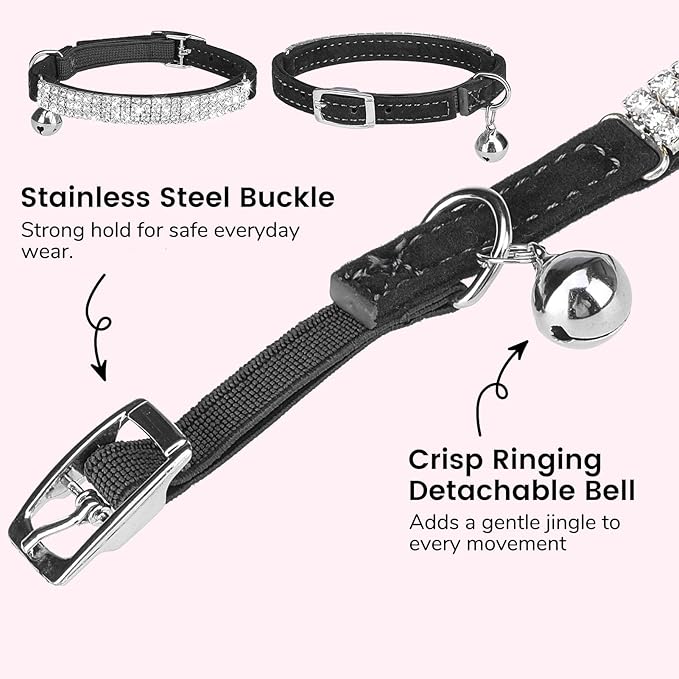 BINGPET Diamond Cat Collar with Bell, Adjustable Soft Velvet Bling Rhinestone Cat Collar, Sparkly Kitten Collar with Safety Elastic & Metal Buckle for Small Medium Cats