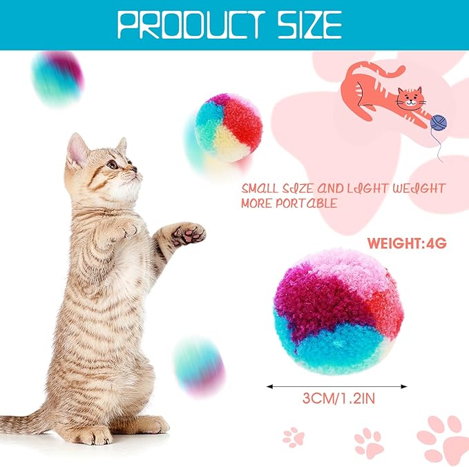 Amaxiu 1.2 in Colorful Cat Pom Pom Ball Toys, 20 Pcs Rainbow Cat Toy Balls Soft Plush Cat Ball Interactive Training Ball for Indoor Cats & Kittens