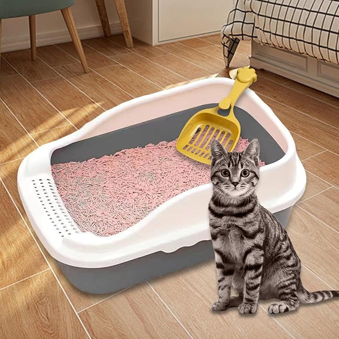 Open Top Cat Litter Box Potty Toilet Easy to Clean Splashproof Pet Litter Tray Pan with Scooper for Rabbit Indoor Cats Bunny- Gray M 31x21x16cm