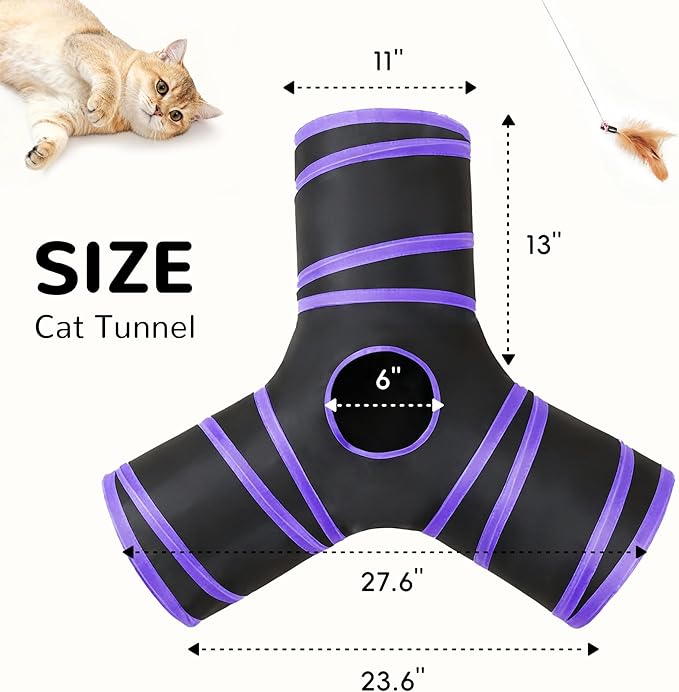 Tempcore Cat Tunnel for Indoor Cats, 3-Way Collapsible Play Tunnel with Teaser Wand, Peek Holes & Toy Ball, Small Pet Toy for Kittens & Rabbits, Black & Purple