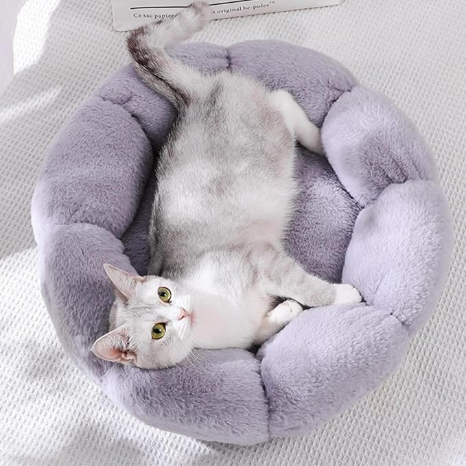 Plush Cat Beds for Indoor,Flower Shape Soft Pet Bed with Anti Slip Bottom,Donut 360 Degree Support Dog Bed for Bedroom Living Room (Grey)
