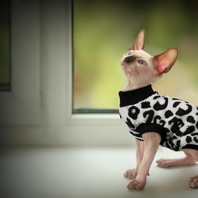 PUMYPOREITY Winter Warm Cat Sweater - Super Soft & Elastic Knit with Plush Fleece, Easy-On Design with Ribbed Neck & Cuffs, Stretchy Cat Outfit for Indoor/Outdoor Use,Black Leopard, L