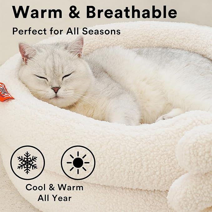 ZEZE Hugging Hand Cat Bed – Cozy Fleece Round Nest for Cats & Small Pets, Plush Supportive Cushion, Washable Cover, Modern Neutral Design, 21 x 26 x 9 Inches