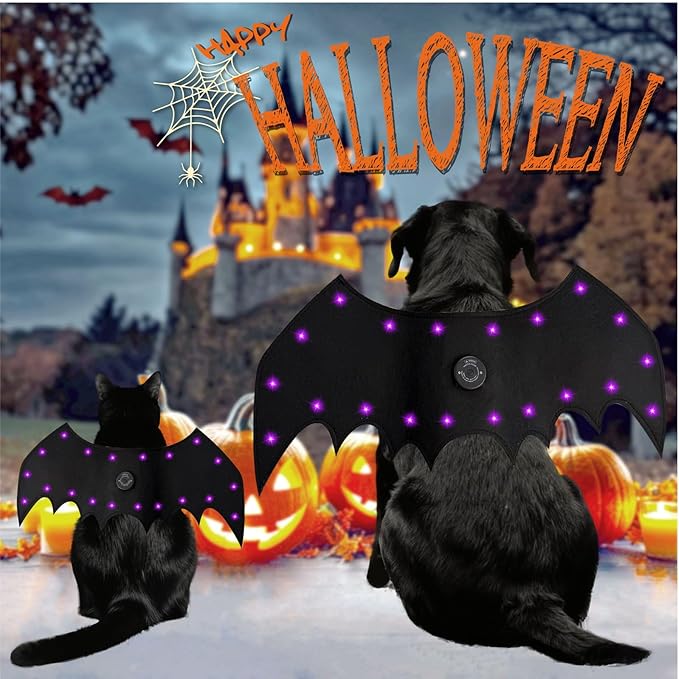 LED Bat Wings for Pets - Halloween Costume with 20 Lights, 4 Modes, Adjustable Fit for Cats & Dogs, Safe Soft Material for Party Trick or Treat （M Size）