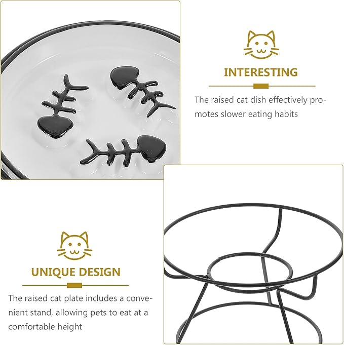 Elevated Ceramic Cat Feeding Bowl with Iron Stand, Slow Feed Raised Pet Bowl for Cats and Small Dogs, Whisker-Friendly Slow Eating Dish for Indoor Use