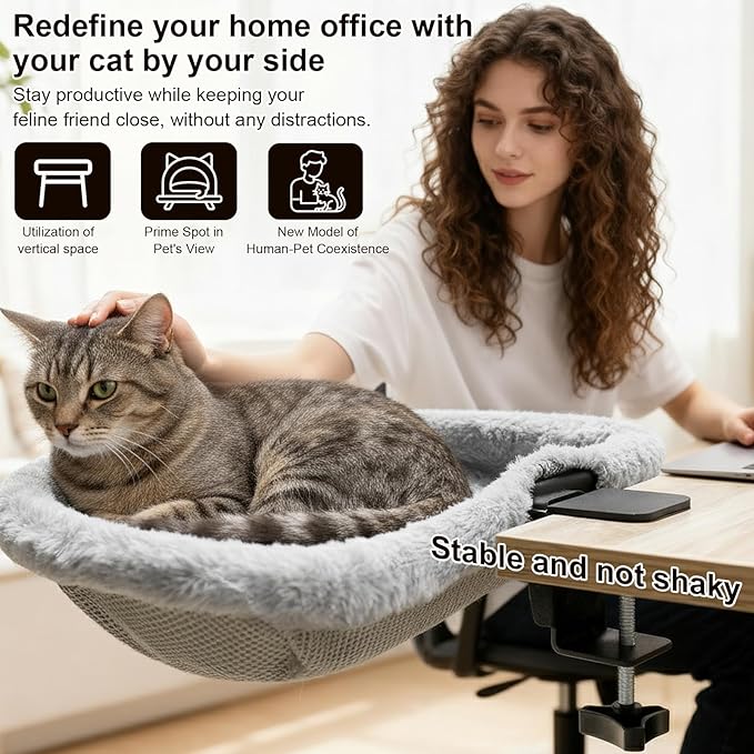 Cat Desk Bed - 17x18 in Cat Desk Perch for Remote Workers, Gamers and Office Staff - Desktop Suspended Cat's Bed (Holds up to 40 lb) - Foldable Cats Hammock Desk for Removable Cover and Toy Holder