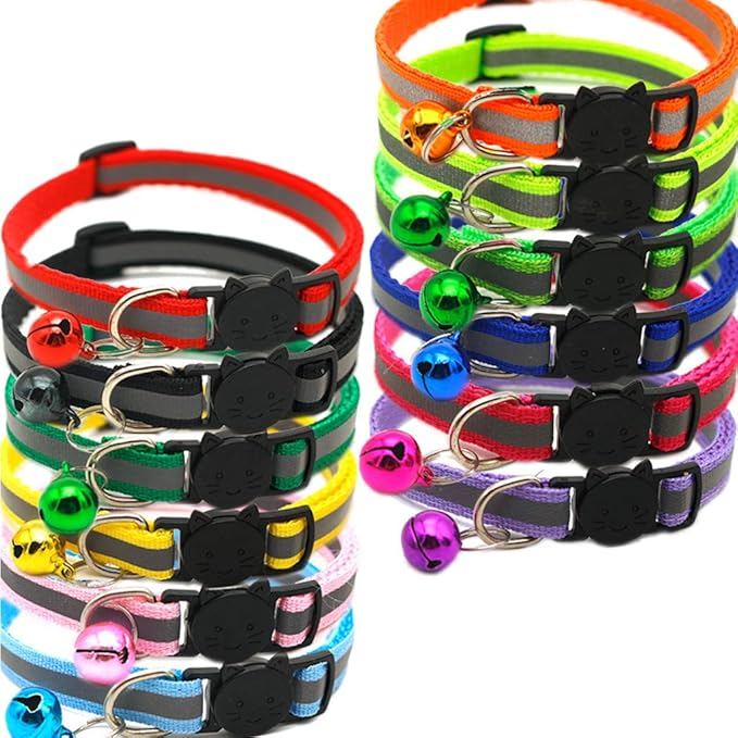 12 Pcs Cat Collar Reflective Breakaway with Bell Colorful for Kitten or Puppy