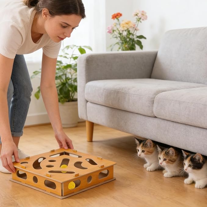 Cat Scratch Puzzle Enrichment Box,Maze Cat Nail File Enrichment Box,Interactive Cat Scratching Board,A Stress-Free Alternative to Nail Trimming,with Built-in Bell Ball for Indoor Cats