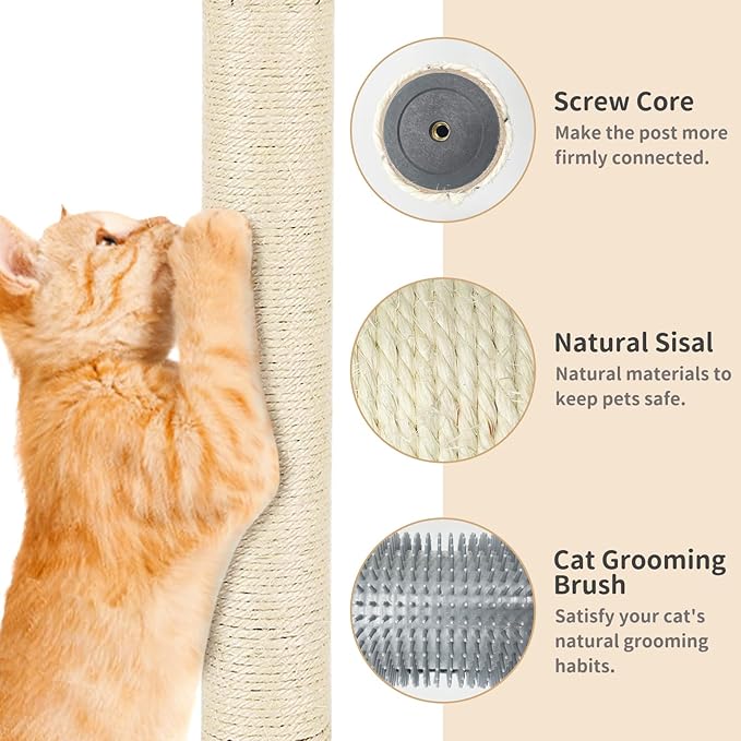 Fhiny 4PCS Cat Scratching Post Replacement with Groomer, 15.7" Natural Sisal Spare Extension Scratch Post for Cats Tree DIY Craft Climbing Perch Hemp Rope Scratcher Perch Parts White