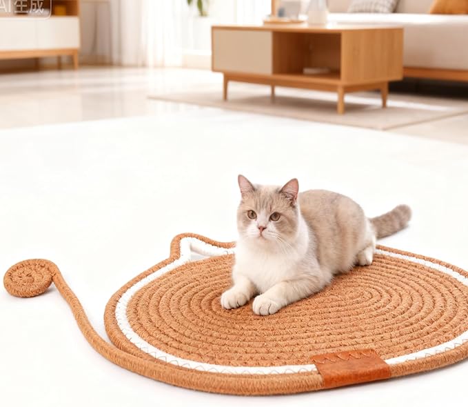 Cat Scratcher Mat Natural Cotton Rope Oval Horizontal Floor Cat Scratch Bed Pad with Ball Toy Protector for Furniture Floor Wall (White, 1 PC)