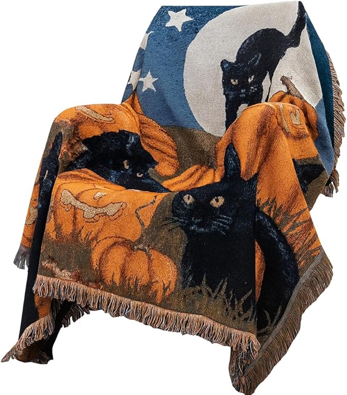 Halloween Blanket Black Cat Pumpkin Fall Couch Covers -Pet Blankets,Halloween Throw Blankets for Knitted Cat Lover Gift