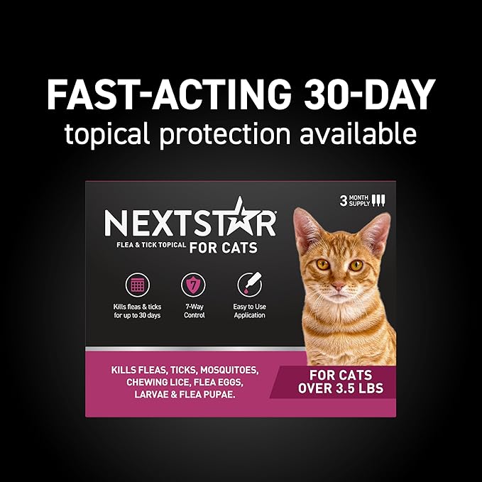 NEXTSTAR Flea and Tick Prevention for Cats, Repellent and Control, Fast Acting Waterproof Topical Drops, Flea Prevention for Cats Over 3.5 lbs, 6 Monthly Doses