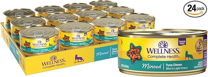 Wellness Complete Health Minced Adult Canned Wet Cat Food, Natural, Protein Rich, Grain Free, Tuna Dinner Recipe, 5.5 oz, Pack of 24 Cans