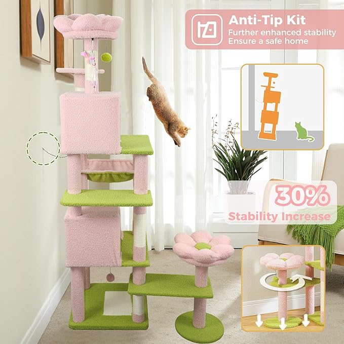 Flower Cat Tree 71 Inches，Large Cat Tower with 2 Detachable Flower Cushions and 2 Hiding Condo, Tall and Big Cat Tree with Hammock Bed, Interactive Toys and Scratching Posts for Indoor Cats (Pink)