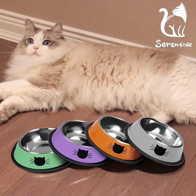 Serentive 2 Pcs Non-Slip Stainless Steel Small Cat Food Bowls - Unbreakable, Thicken 7 Oz Cat Dishes - Indoor, Removable Rubber Base, Easily Clean, Lovely Color