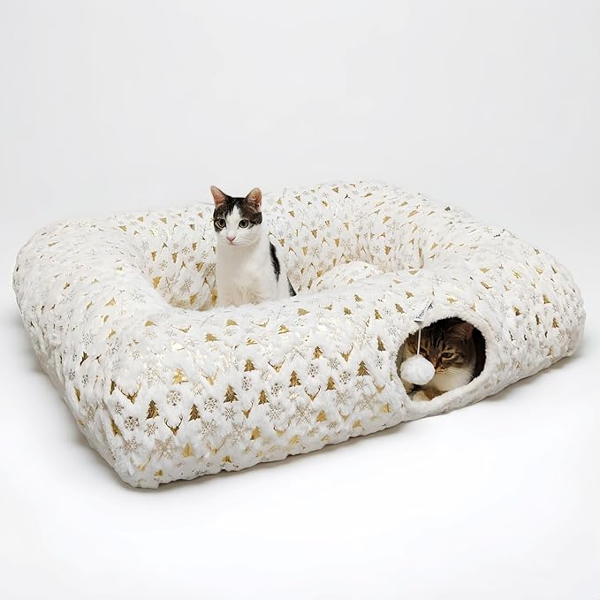 Extra Large Cat Tunnel Bed for Indoor Cats with Warm Mat, Cat Toys Cave Dount Tube for Xmas Decor White