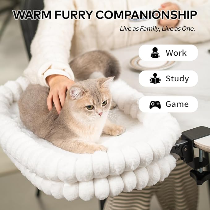 CHEERPALS Cat Desk Bed with Reversible Cushion, 90°Foldable Cat Hammock for Desk Mounted, Suitable for Medium-to-Large Cats and Puppy, Clowd Series(White, Large)