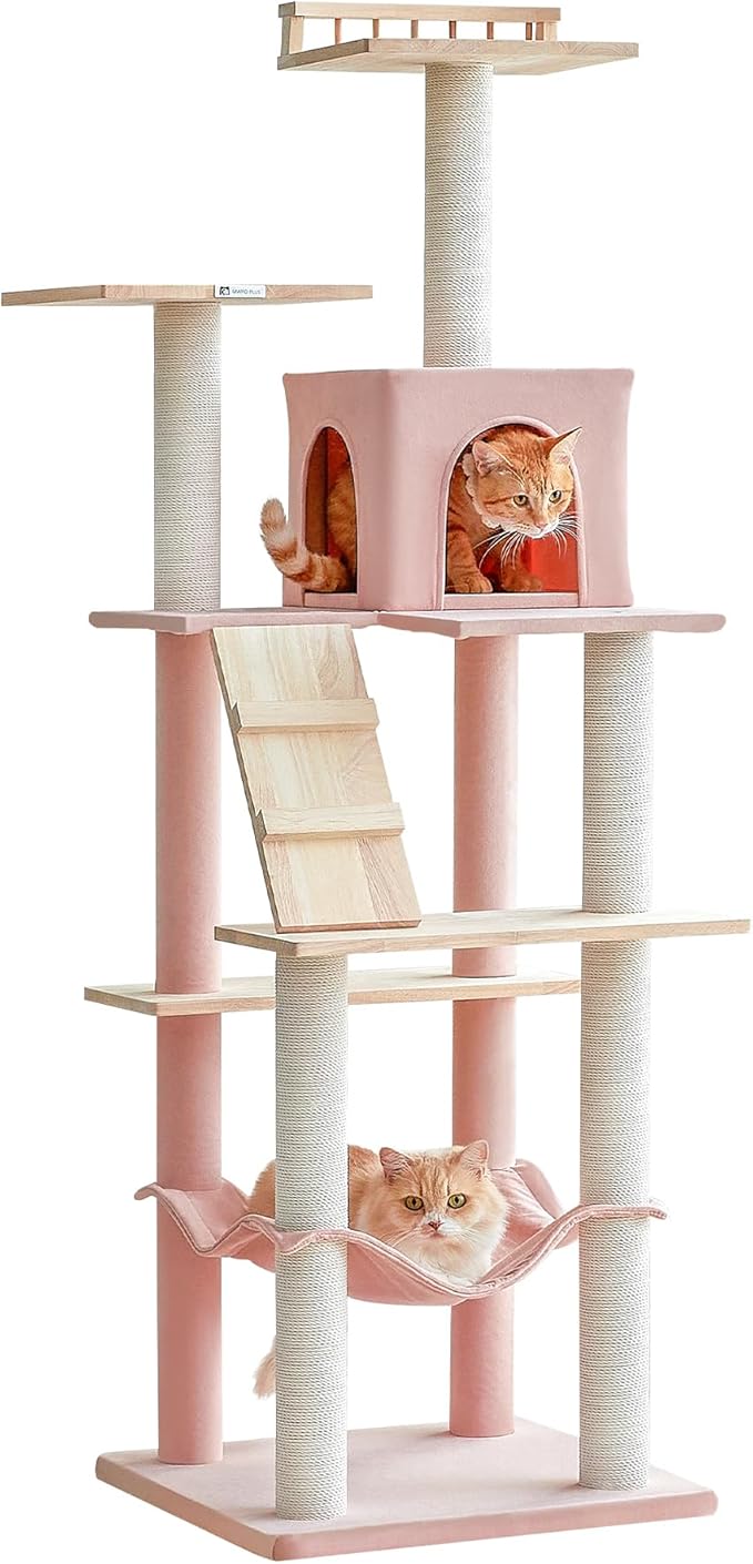 MWPO Pink Modern Cat Tree for Indoor Cats, 63.8-Inch Multi-Level Tall Cat Tower with Cat Condo, Hammock, Woden Top Perch, Scratching Posts for Kittens & Adult Cats