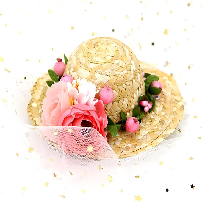 NACOCO Cat Hat Sunflower Straw Hat Handcrafted Rose Lovely Sun Cap Accessories for Small Dogs and Cats Photograph (S, Pink Rose)