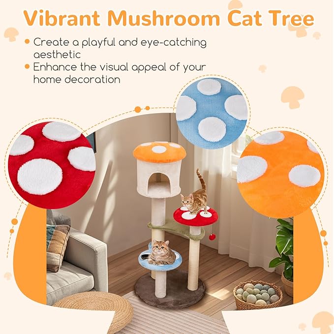 Tangkula Mushroom Cat Tree, 48 Inch Cute Cat Tower with Sisal Scratching Posts, Top Condo, Padded Platforms, Dangling Ball, Multi-Level Modern Cat Furniture, Activity Center for Indoor Cats