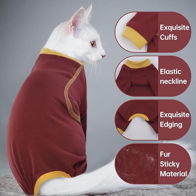 QBLEEV Sticky Hair Cat Clothes, Soft Cat Pajamas for Cats Only, Prevent Lost Fur Kitten Sweater Onesie, Stretchy Recovery Suit for Female Male Cats After Surgery Daily Wear, Burgundy, S