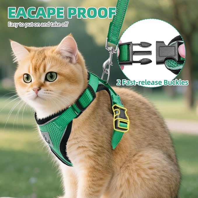 PUPTECK Cat Harness and Leash Set Escape Proof Reflective Cat Walking Harness Adjustable Soft Breathable Mesh Vest for Small Pets, Dark Green, L
