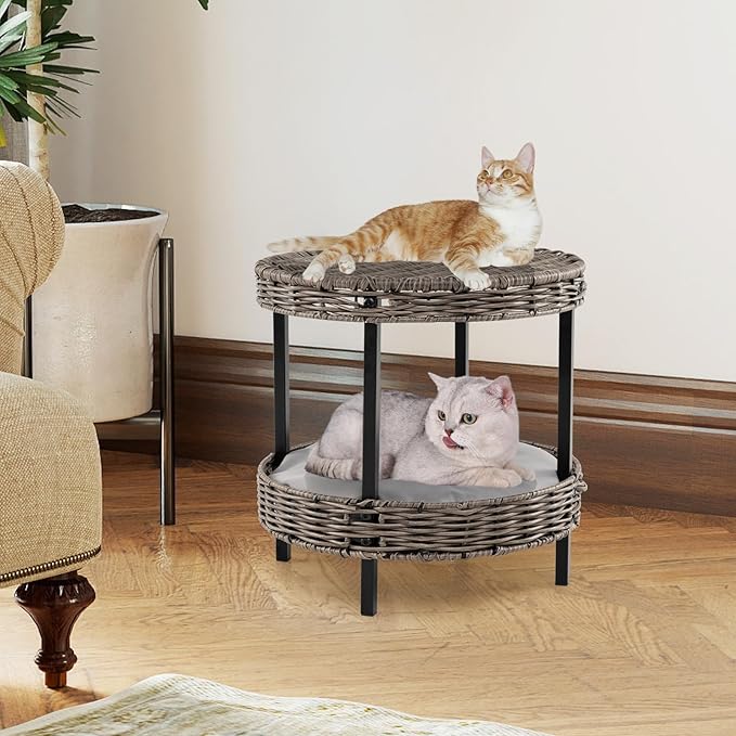 PETSITE Modern Wicker Cat Nest, 2-Tier Rattan Cat House w/Removable Padded Cushion, Round Platforms, Metal Frame, Indoor & Outdoor Raised Pet Shelter for Living Room, Bedroom, Porch