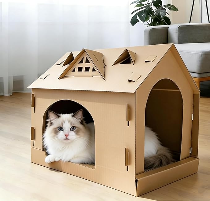 17.3 Inch Multiple Windows Detachable Cardboard House, House with Scratching Board, Indoor Playhouse, Scratching Mat with Catnip