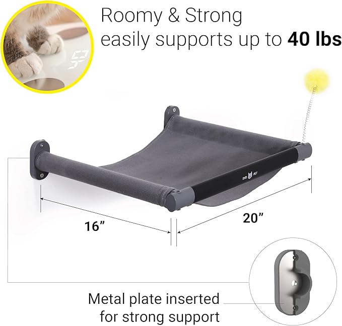 SVD.PET Cat Hammock Wall Mounted with Toy, Soft Padded & Comfortable Cover Premium Wall Furniture. Modern Design Cat Shelf. Supports up to 40 lbs (Comfy Plus, Dark Grey)
