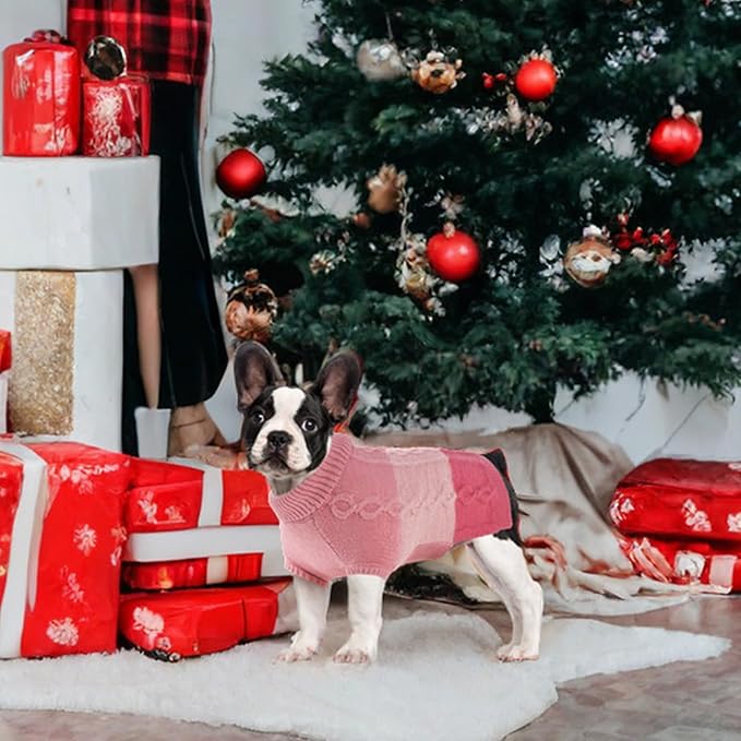 Dog Knitted Turtleneck Sweater - Dog Warm Pullover Color Block Cable Knitwear, Doggie Winter Clothes for Small Dogs Chihuahua, Bulldog (Pink, L)