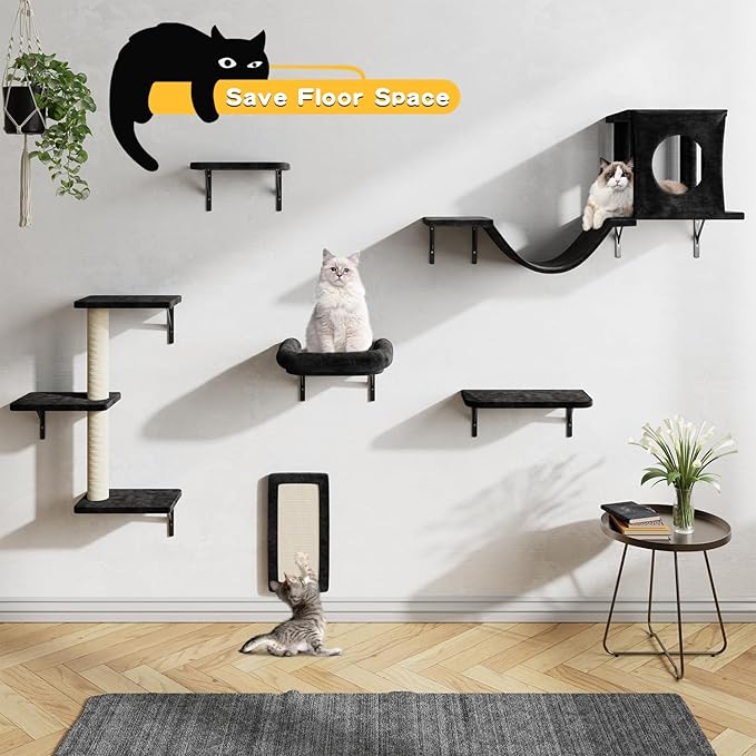 NUNU LAB Wall Mounted Cat Climber Set, 6 Pcs Cat Furniture Set with House, Bridge, Steps, Scratcher Board and Hammock, Shelves for Indoor, Luxury Walls Furniture, Black