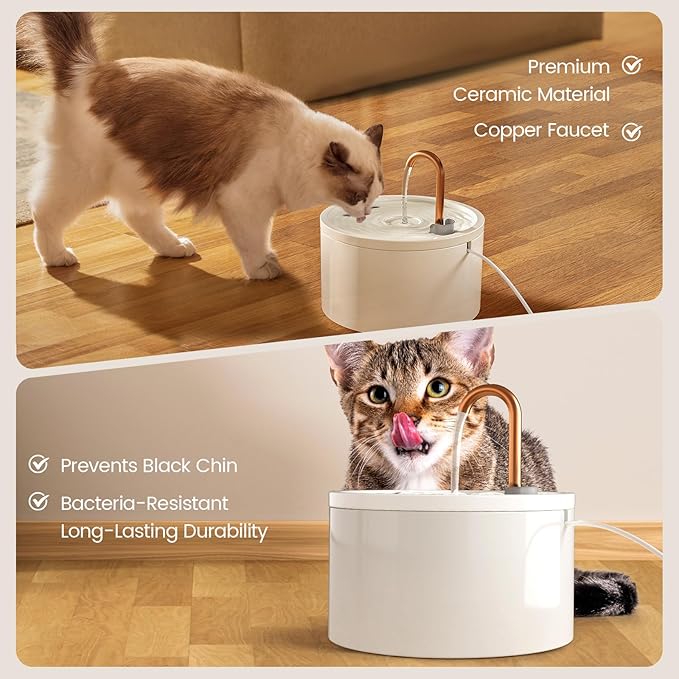 MISFANS Ceramic Cat Water Fountain - 2.1L/71oz - All-Ceramic Body & Pure Copper Water Spout - Non-Toxic - Automatic Pet Drinking Fountain Indoor with Ultra-Quiet Pump, and 3Pcs Filter & Sponge (White)
