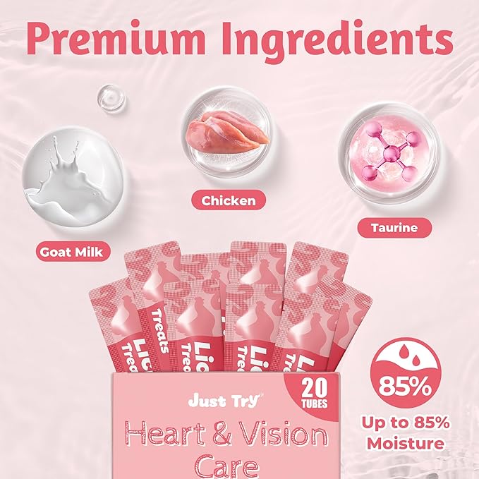 Just Try Taurine Lickable Cat Treats, Creamy Squeezable Purée with Goat Mlik, Taurine & Vitamin E, Support Heart & Vision, Grain Free, 0.5 Ounces Each 20 Tubes