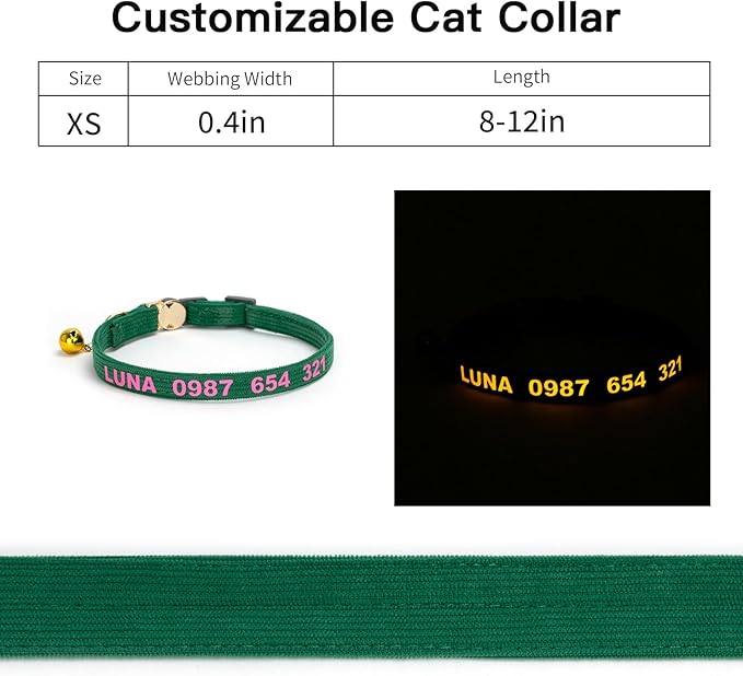 Personalized Custom Cat Collar, Glow in the Dark Text, Soft Corduroy, Metal Breakaway Safety Buckle, Adjustable for Kitten & Cats (Breakaway)