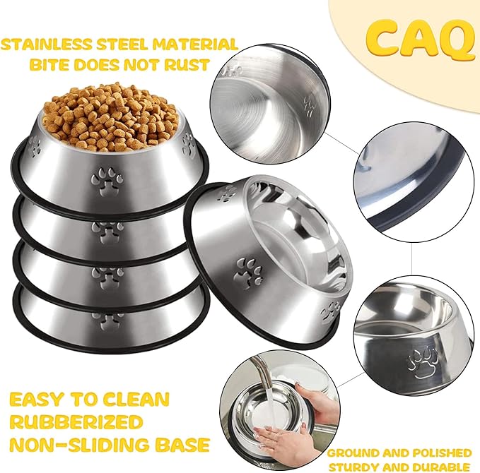 CAQ Dog Cat Bowls Stainless Steel Small Cat Dog Food Water Bowl for Indoor Stackable Pets Puppy Dish Non-Slip Removable Rubber Base Set of 4