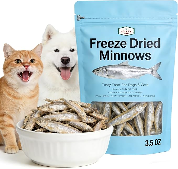 Amzey 3.5oz Minnows Dog Treats - Freeze Dried Minnows Cat Treats - High Protein & Premium Quality Training Treats - Bulk Package (1.6" to 2.8" Length Each)