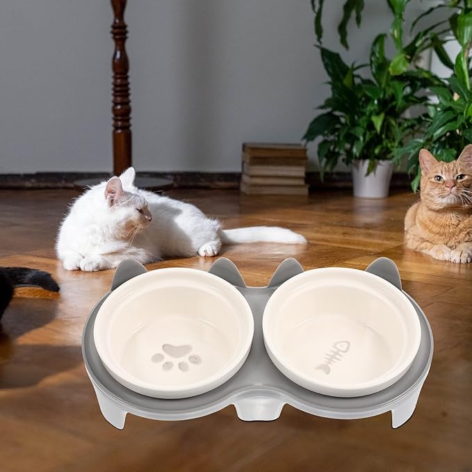 Ceramic Cat Bowl Set Raised Double Bowls with Anti-Slip Gray Thickened Stand for Indoor Pet Feeding and Watering, Elevated Food and Water Dish for Cats