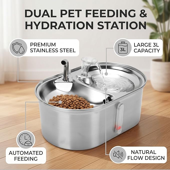 Smart Pet Water Fountain, Stainless Steel Cat Dog Water Dispenser with Timer and 3L Capacity for Automatic Feeding and Continuous Supply, Automatic Dog Dispenser