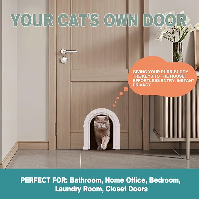 Cat Door for Interior Doors Large - No-Flap, No Training Needed, Fits Cats Up to 25 lbs, Easy Installation in Minutes, Fits 1.25" to 1.75" Thick Solid & Hollow Doors