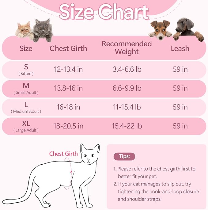 Cat Harness and Leash Set Escape Proof, Adjustable Cat Vest Harnesses Soft Kitten Harness Reflective Strips Jacket with Flower, Breathable Mesh Harnesses for Cats Puppy Easy to Wear Outdoor Walking